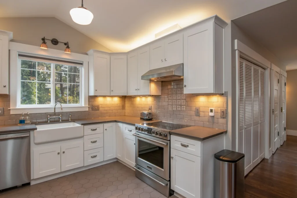 Finished white shaker kitchen remodel with subway tile backsplash and stainless steel appliances