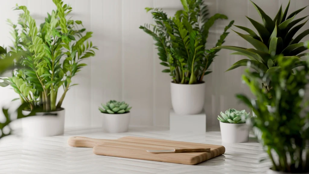 Collection of healthy green houseplants displayed in white pots inside a bright home.