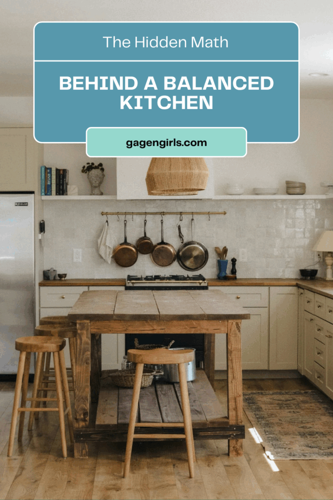 Cozy modern kitchen with a wood island and hanging cookware featuring the title "The Hidden Math Behind a Balanced Kitchen."