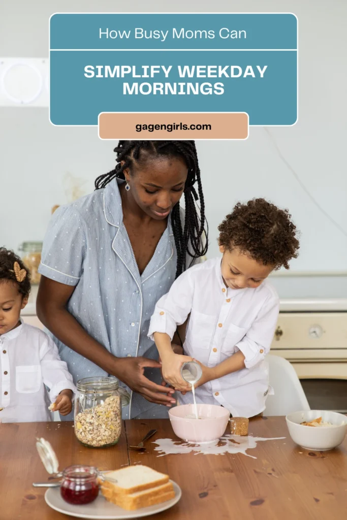 Mother helping her young children prepare breakfast together while teaching simple morning routine skills.