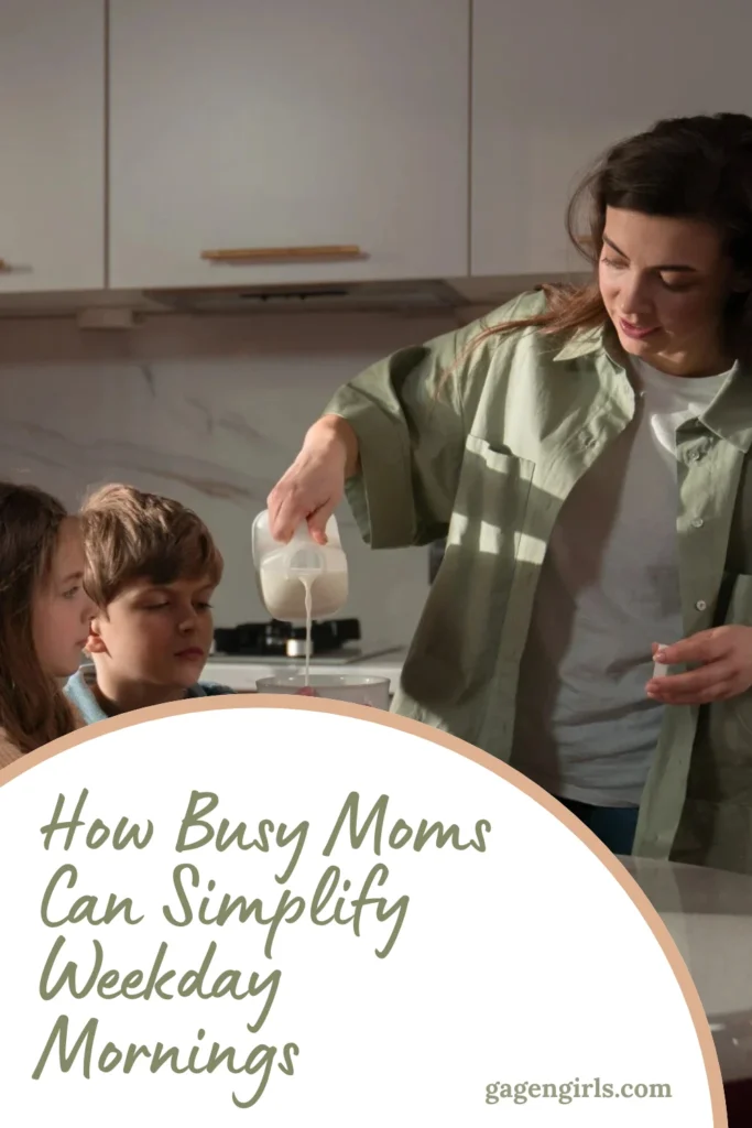 Mom pouring milk into cereal as children help prepare breakfast during a calm weekday morning.