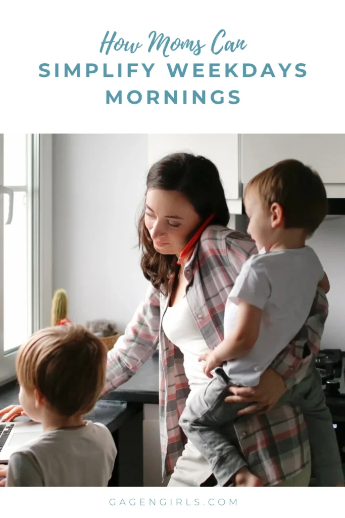 Busy mom balancing work and parenting while helping young children during the morning routine.