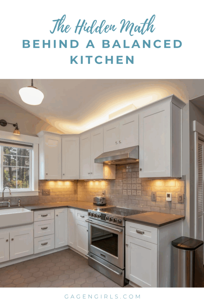 Modern white kitchen with under-cabinet lighting and the title "The Hidden Math Behind a Balanced Kitchen."