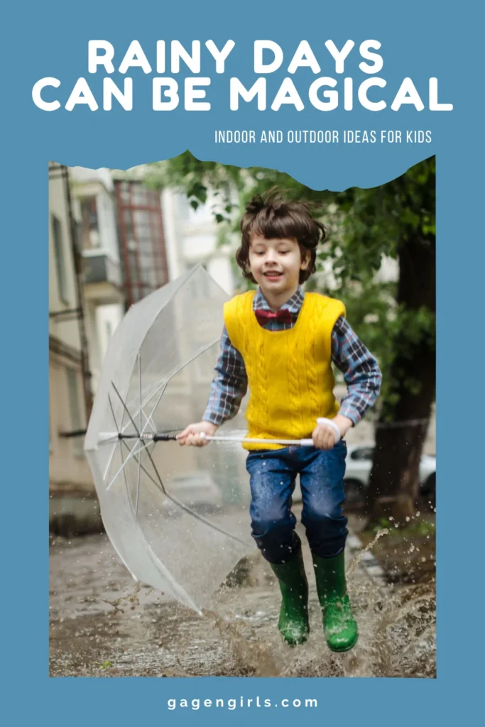 Pinterest graphic featuring a child splashing in puddles with rainy day ideas for kids.
