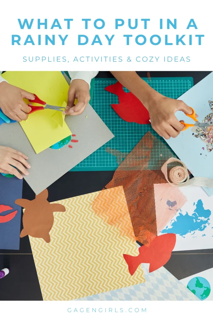 Pinterest graphic showing craft supplies with ideas for building a rainy day toolkit.