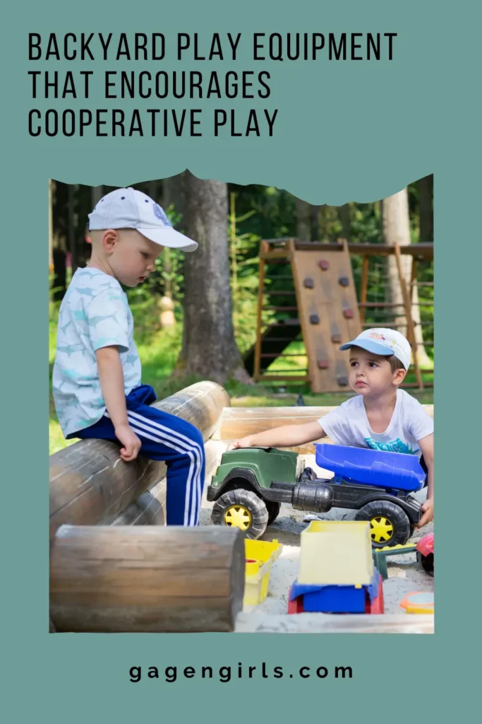 Pinterest graphic showing children playing together with toy trucks in an outdoor sandbox beside climbing equipment