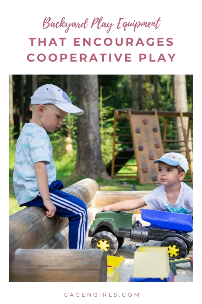 Pinterest graphic featuring children playing together in a sandbox with toy trucks and backyard climbing equipment