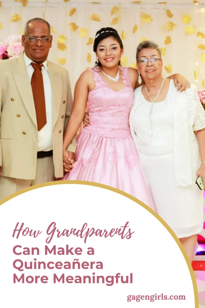 Young woman in a pink quinceañera dress with her grandparents on a Pinterest graphic about making a quinceañera more meaningful.