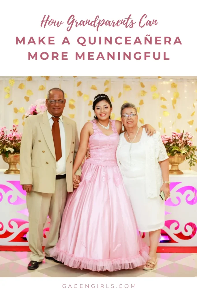 Young woman in a pink quinceañera gown standing between her grandparents on a Pinterest graphic about meaningful quinceañera traditions.