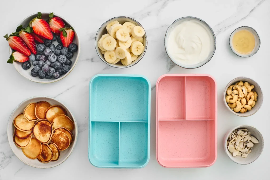 Ingredients for breakfast lunchboxes, including mini pancakes, fresh fruit, yogurt, honey, cashews, and coconut