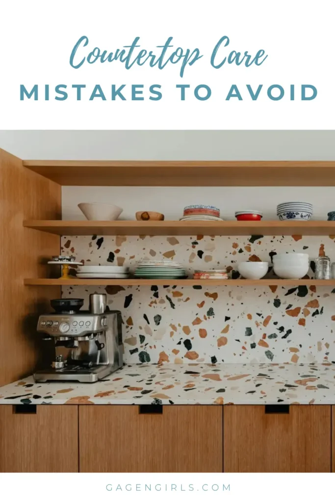 Pinterest graphic featuring an espresso machine on a terrazzo-style countertop with the words “Countertop Care Mistakes to Avoid.”