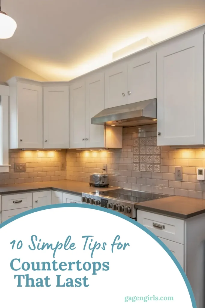 Pinterest graphic featuring a bright kitchen with the words “10 Simple Tips for Countertops That Last.”