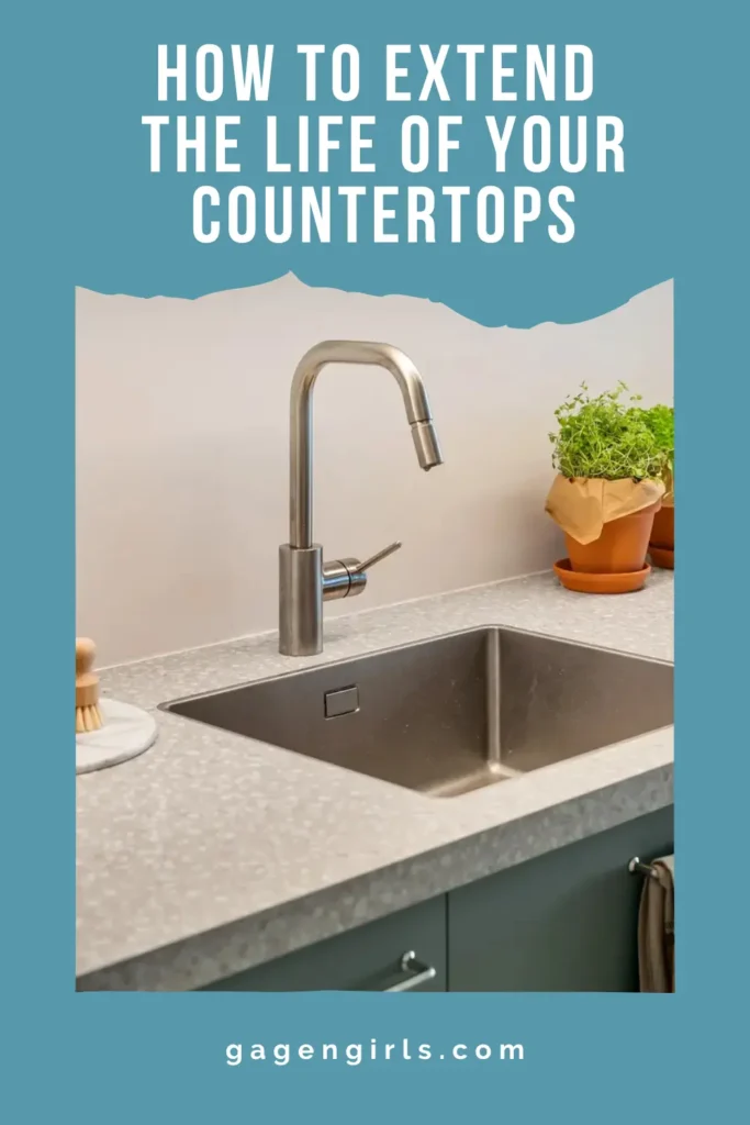 Pinterest graphic featuring a kitchen sink and countertop with the words “How to Extend the Life of Your Countertops.”