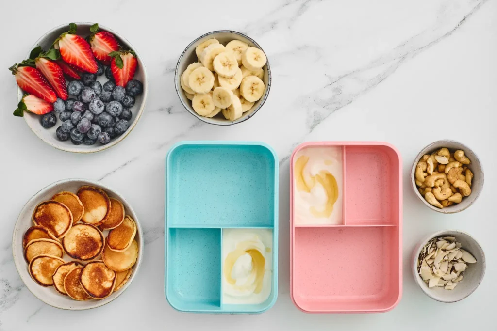 Honey drizzled over yogurt in two divided breakfast lunchboxes