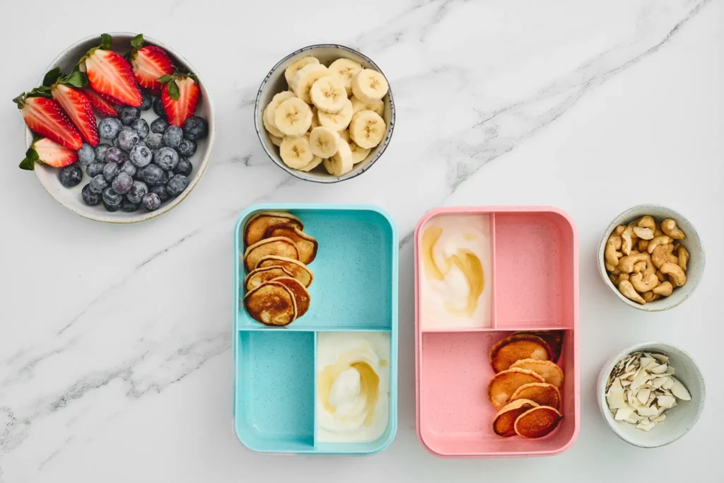Mini pancakes arranged in overlapping rows inside divided lunchboxes