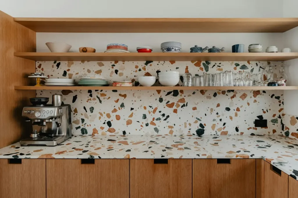 Espresso machine resting on a terrazzo-style kitchen countertop beneath open shelving.