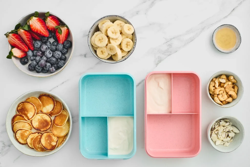 Yogurt portioned into compartments of pink and blue lunchboxes
