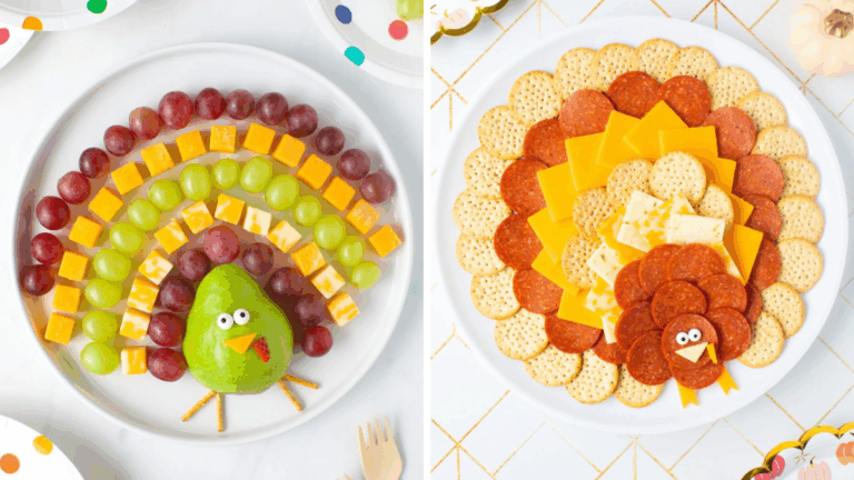 Two easy Thanksgiving turkey snack trays made with fruit, cheese, crackers, and pepperoni