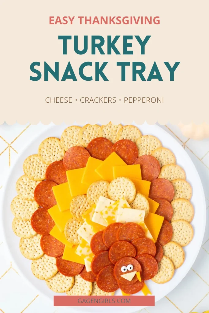 Thanksgiving turkey snack tray made with cheese, crackers, and pepperoni