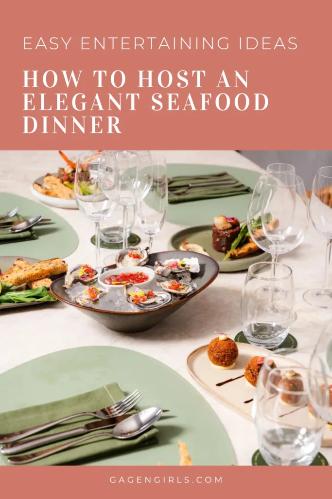 Elegant table setting with oysters, appetizers, and glassware, featuring seafood dinner entertaining ideas.