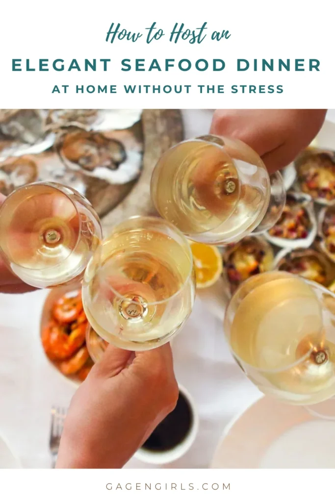 Four people raising glasses over a seafood dinner, with a headline about hosting an elegant seafood dinner at home.