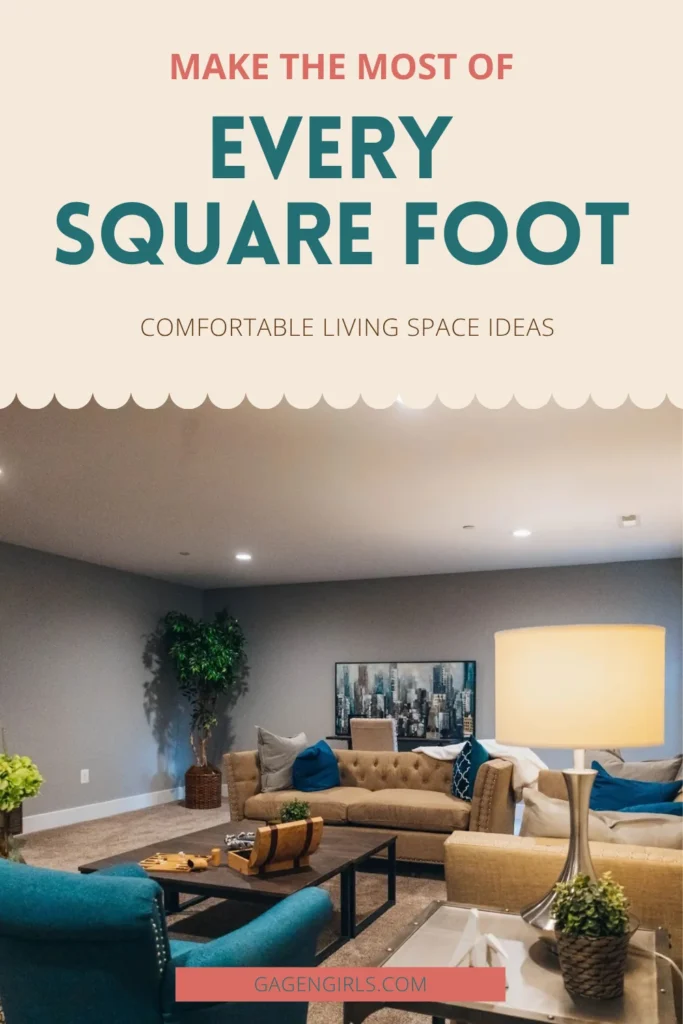 Pinterest graphic showing a comfortable basement family room with teal chairs and neutral sofas, featuring the words "Make the Most of Every Square Foot."