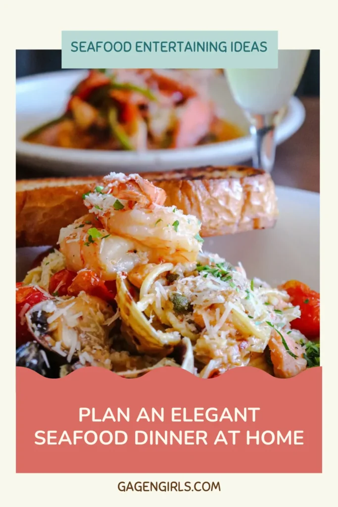 Seafood pasta with shrimp and shellfish, featuring a headline about planning an elegant seafood dinner at home.