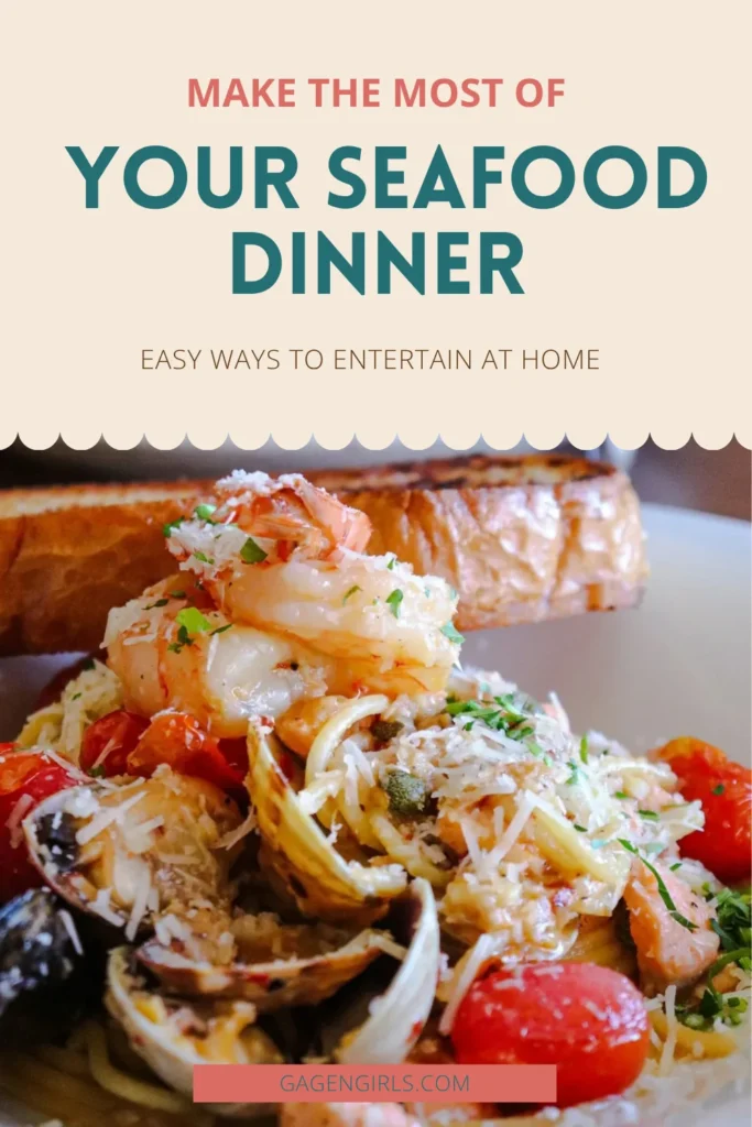 Close-up of seafood pasta with shrimp, shellfish, and tomatoes, featuring tips for entertaining at home.