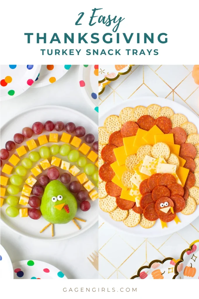 Two easy Thanksgiving turkey snack trays made with fruit, cheese, crackers, and pepperoni
