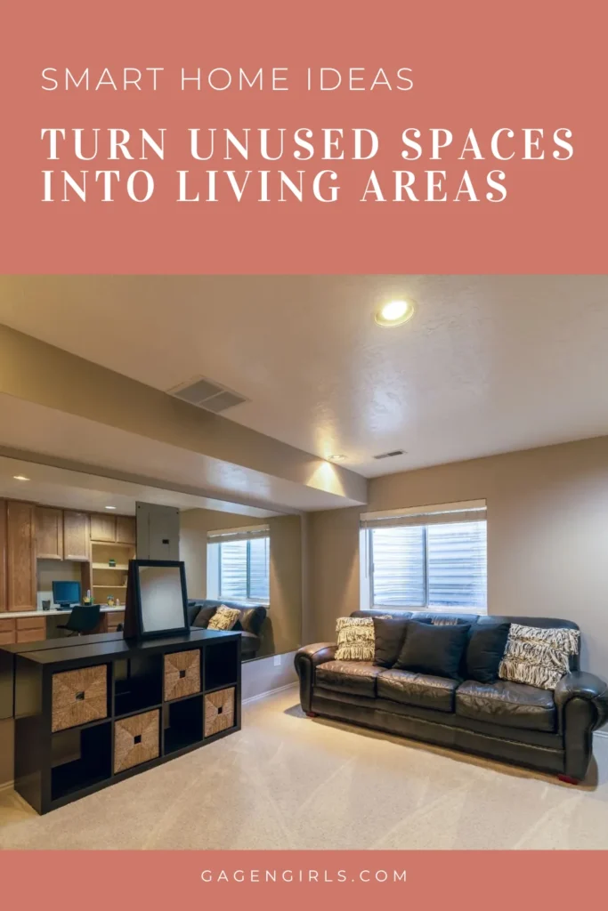 Pinterest graphic featuring a finished basement with a sofa, home office nook, and storage shelves, promoting ideas for turning unused spaces into living areas.